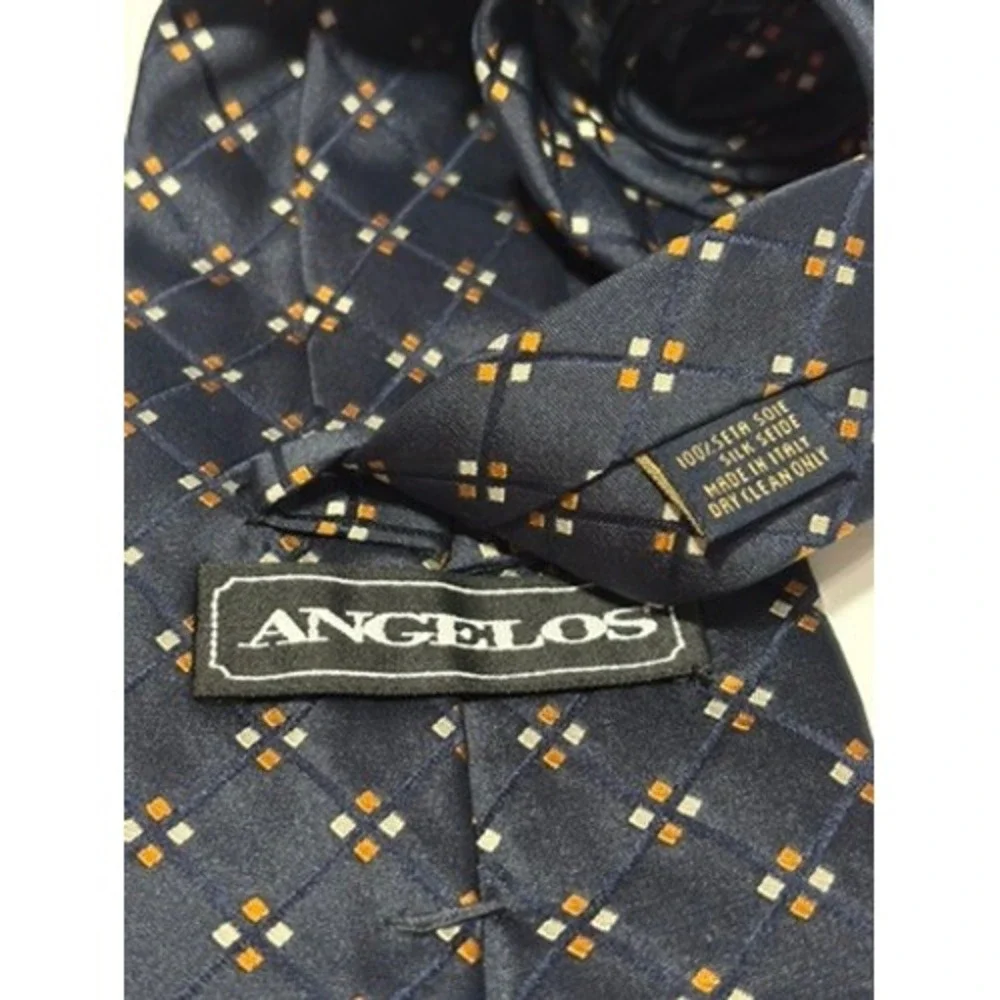 Angelos Italian Luxury Silk Tie Necktie Navy Blue‎ Gold White Diamond